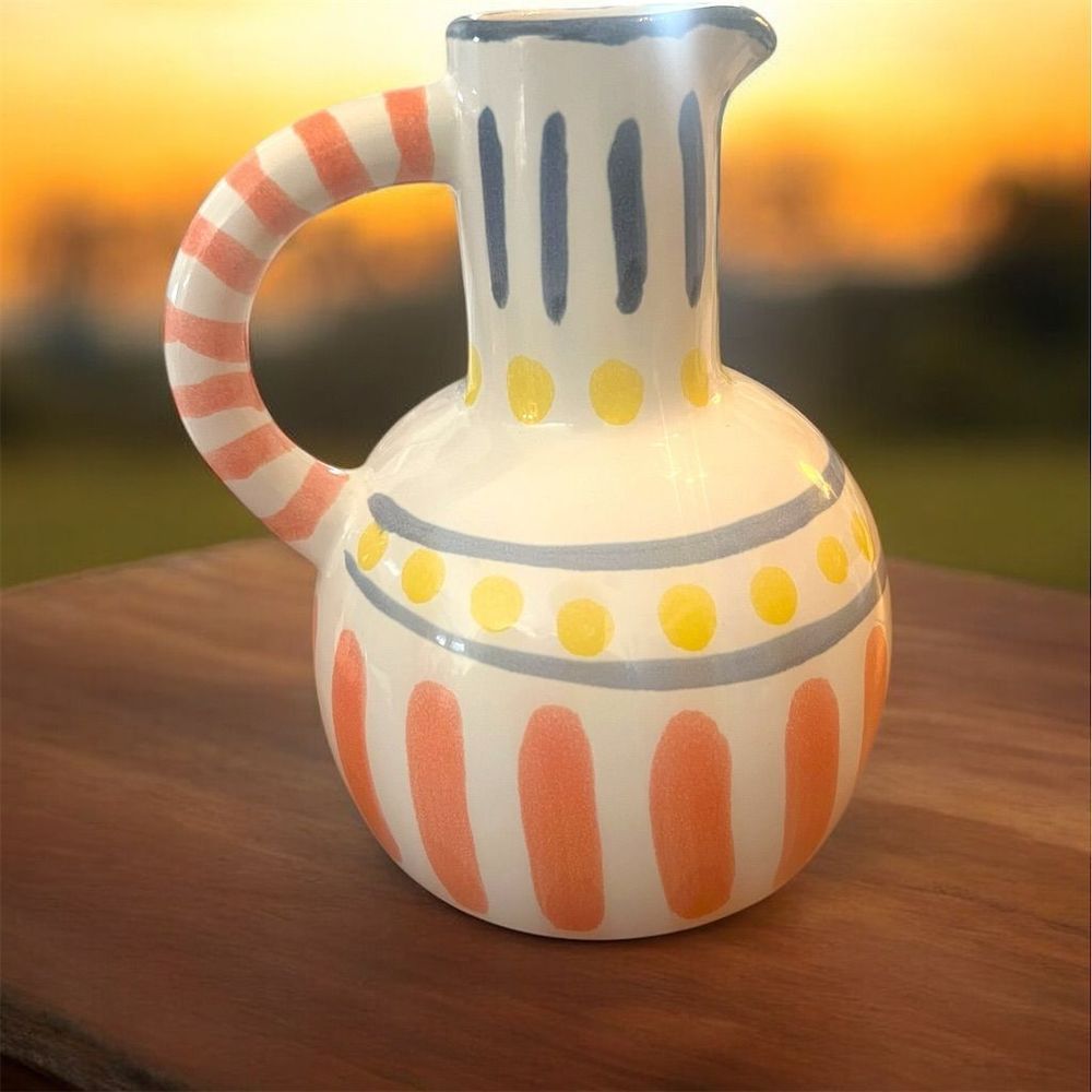 Multicolor Striped Ceramic Pitcher Vase Jug Contemporary Whimsy Decor Cottage
